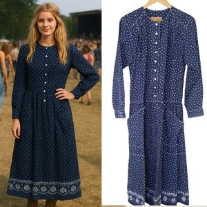 Vintage 80s Navy White Floral Prairie Pilgrim Cottagecore Dress